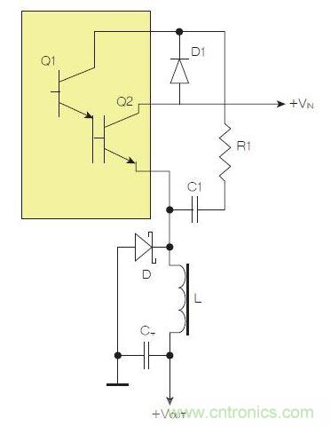 為了實現(xiàn)用兩個元器件提升電源轉換效率，芯片上應有針對驅動器晶體管Q1集電極的單獨引腳。