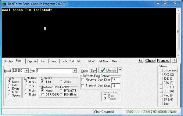  圖6：隔離型USB-to-UART轉換器的環回測試。